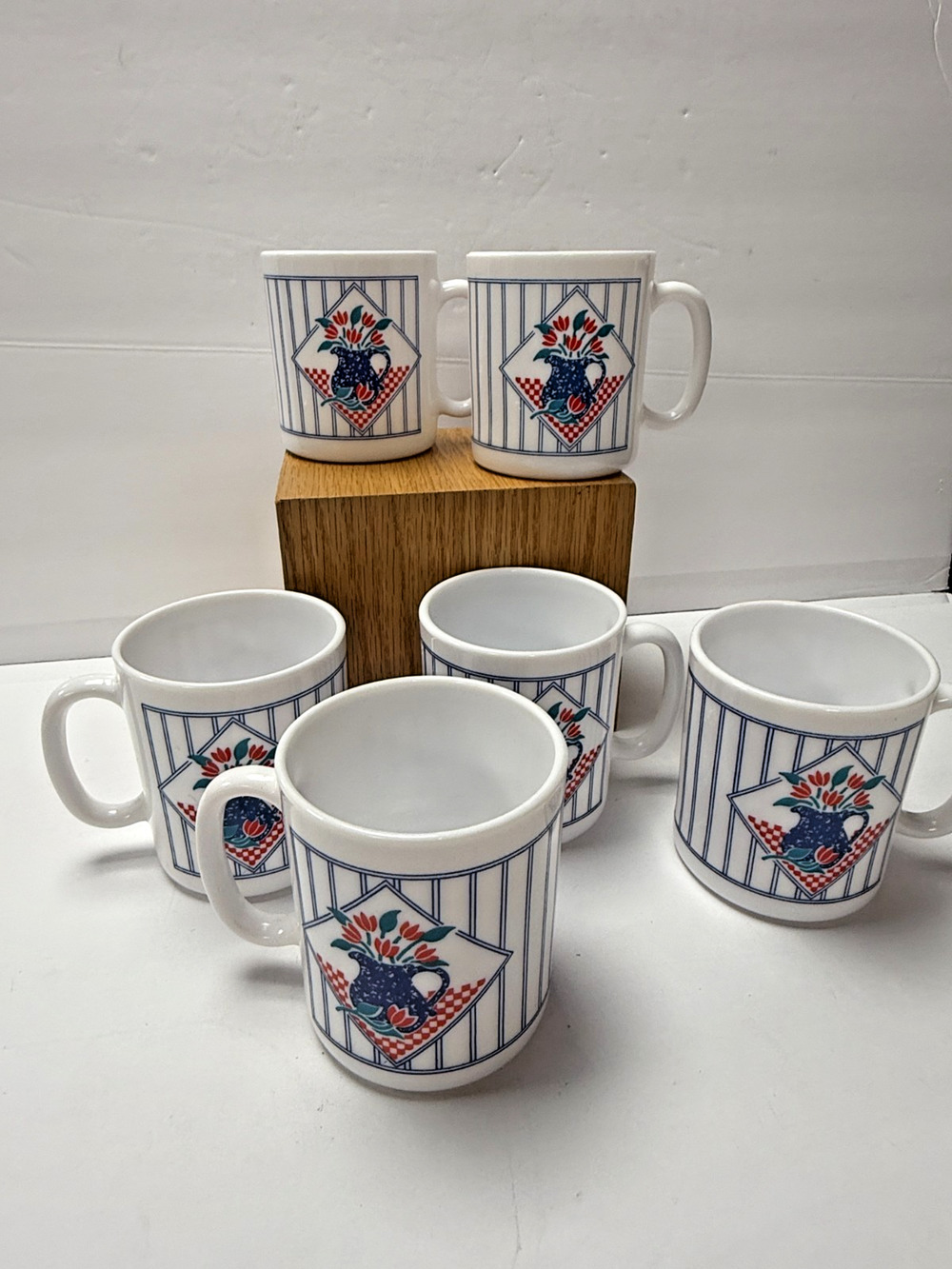 Vintage Arcopal France Milk Glass Coffee Mug Set Tulips Pitcher Farmhouse 6 Pcs